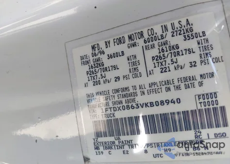 1997 Ford F-150 Lariat/Xl/Xlt из США, поврежденный, VIN 1FTDX0863VKB08940